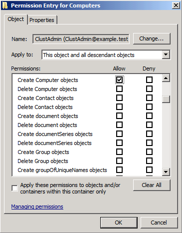 Capture d’écran montrant l’option Créer des objets ordinateur définie sur Autoriser.