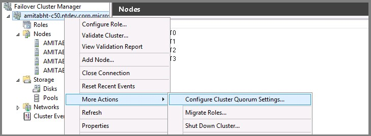 Capture d’écran du menu déroulant de l’interface utilisateur du Gestionnaire du cluster de basculement qui vous permet de configurer les paramètres de quorum du cluster.