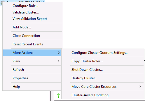 Capture d’écran du Gestionnaire du cluster de basculement montrant l’option Autres actions > Copier le cluster.