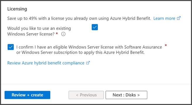 Capture d’écran de l’écran Licences pour appliquer Azure Hybrid Benefit à une machine virtuelle Windows Server.