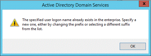 Capture d’écran montrant un message indiquant que le nom de connexion que vous avez utilisé existe déjà dans l’entreprise.