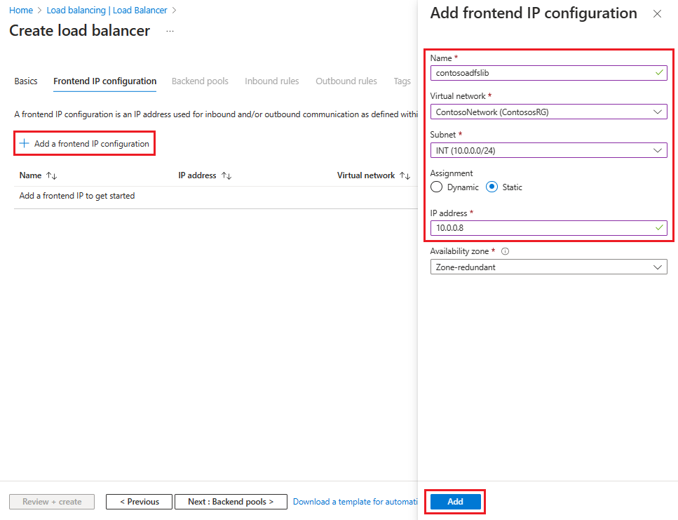 Capture d’écran montrant comment ajouter une configuration d’adresse IP front-end lorsque vous créez un équilibreur de charge.