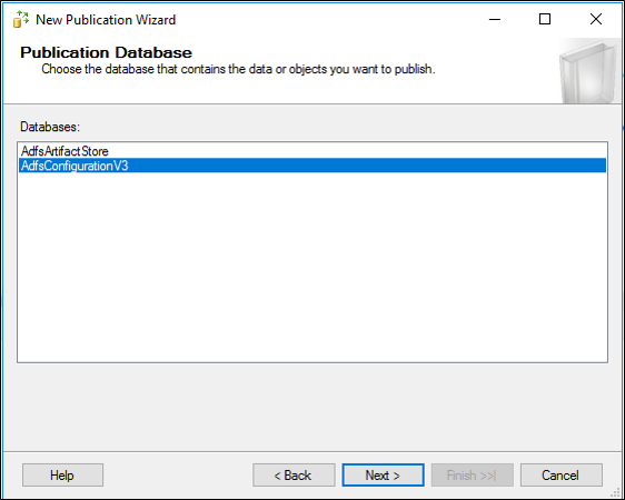 Capture d’écran indiquant où choisir AdfsConfigurationV3 comme base de données de publication.