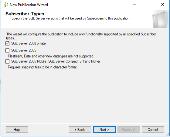 Capture d’écran indiquant où choisir SQL Server 2008 ou version ultérieure.