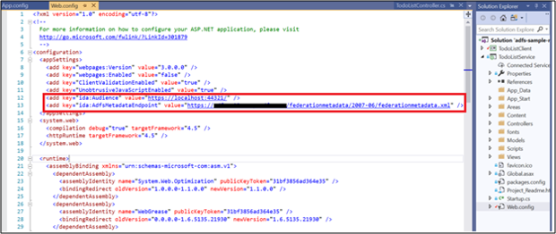 Capture d’écran du fichier Web.config montrant les valeurs modifiées.