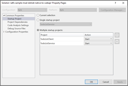 Capture d’écran de la boîte de dialogue Pages de propriétés de la solution montrant l’option Plusieurs projets de démarrage sélectionnée et toutes les actions des projets définies sur Démarrer.