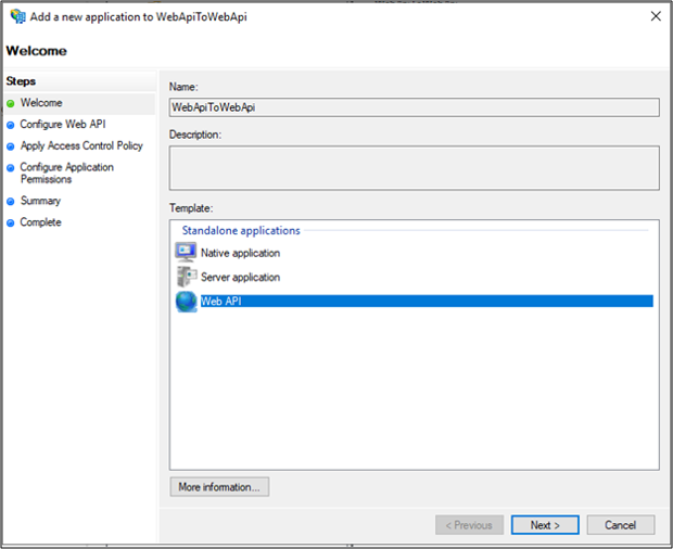 Capture d’écran de la page Bienvenue de l’Assistant Ajouter une nouvelle application à WebApiToWebApi montrant l’option API web mise en évidence.