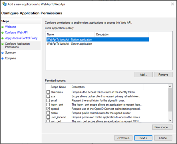 Capture d’écran de la page Configurer les autorisations d’application de l’Assistant Ajouter une nouvelle application à WebApiToWebApi montrant l’option Suivant mise en évidence.