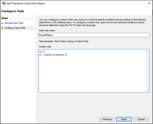 Capture d’écran de la page Configurer une règle de l’Assistant Ajouter une règle de revendication de transformation montrant la configuration expliquée ci-dessus.