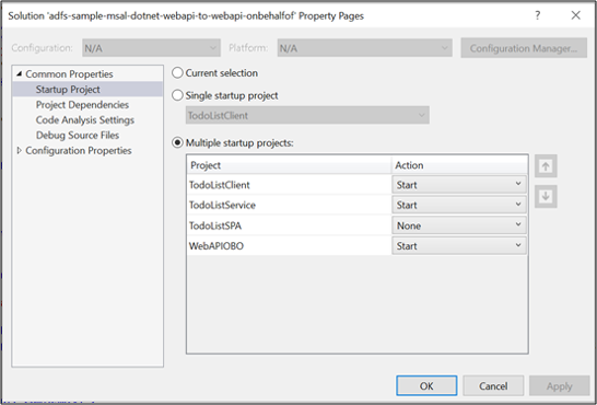 Capture d’écran de la boîte de dialogue Pages de propriétés de la solution montrant l’option Plusieurs projets de démarrage sélectionnée et les actions de tous les projets définies sur Démarrer.