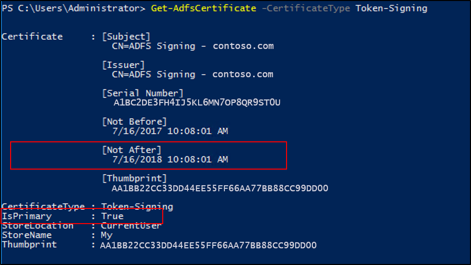 Capture d’écran de la fenêtre PowerShell mettant en évidence les propriétés Not After et IsPrimary.