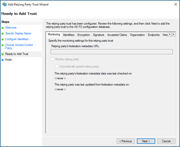 Screenshot that shows how to save your relying party trust information.