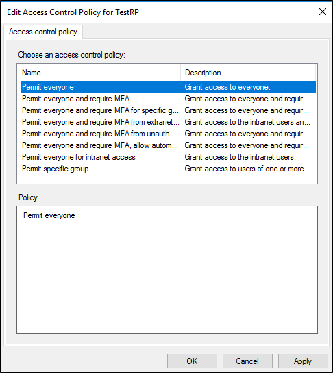 Screenshot that highlights the Permit everyone Access control policy.