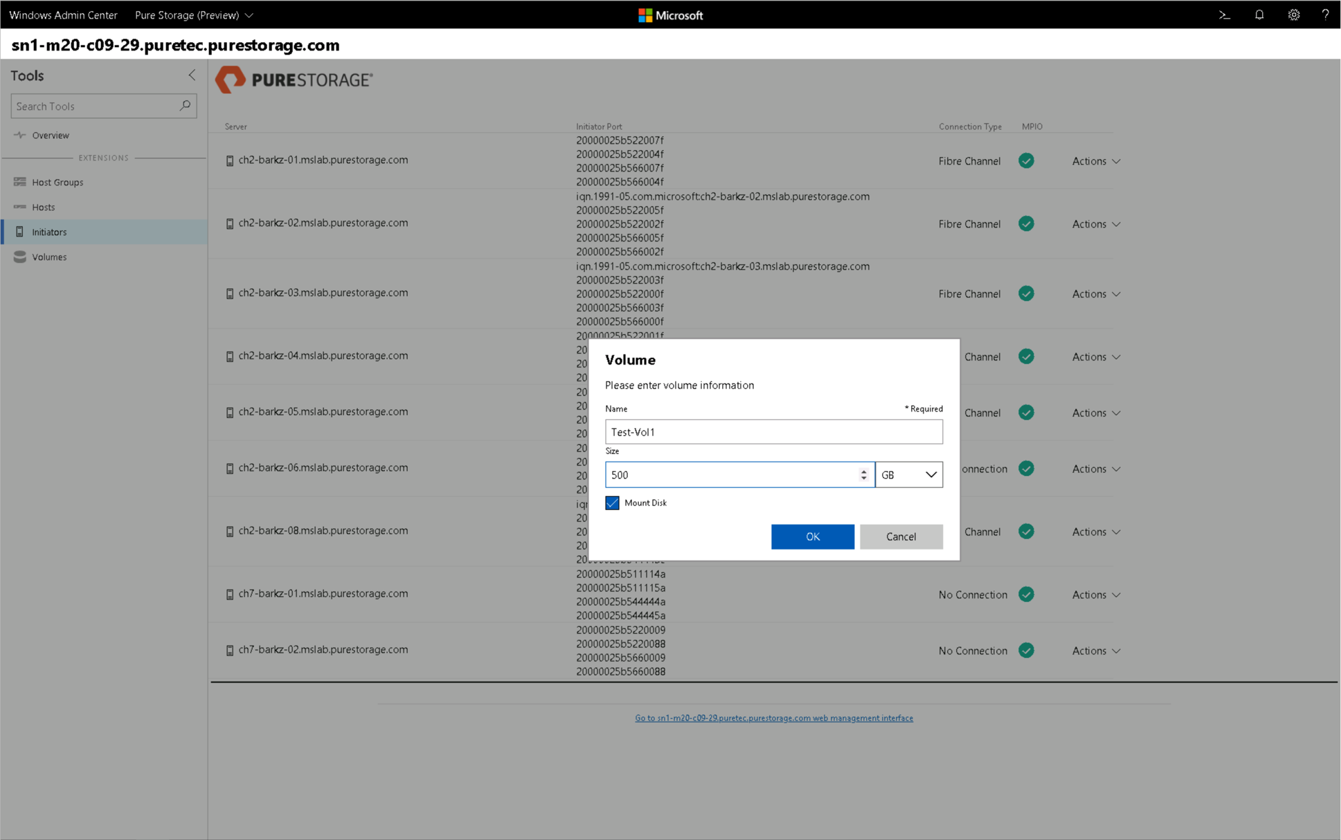 Screenshot showing how new volumes can be created and immediately mounted to the host using the Pure Storage host.