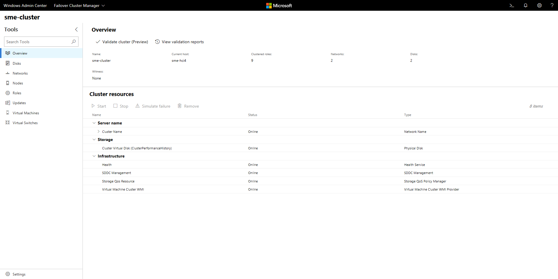 Capture d’écran de la liste des ressources de cluster dans Windows Admin Center.