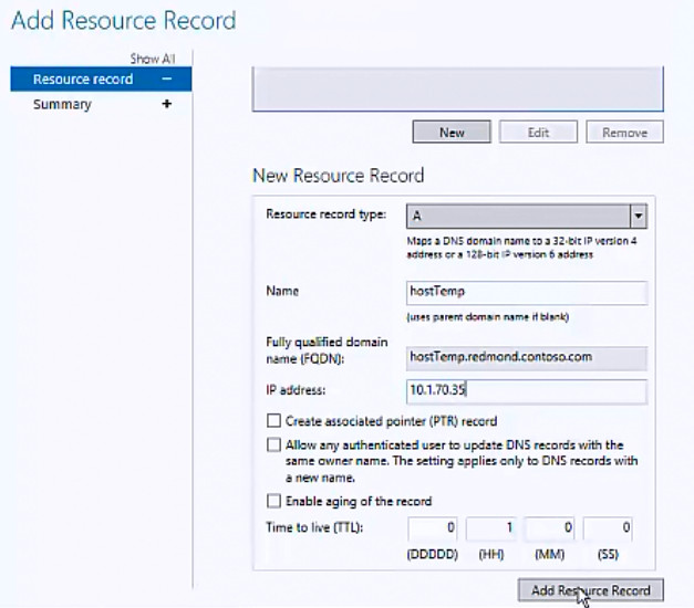 Capture d’écran de la page Enregistrement de ressource de l’assistant Ajouter un enregistrement de ressource montrant la section Nouvel enregistrement de ressource.