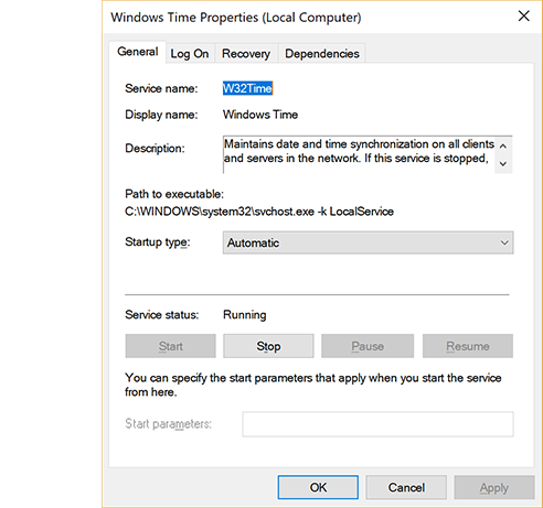 Capture d’écran de la zone de propriétés du service de temps Windows montrant le Type de démarrage défini sur Automatique.