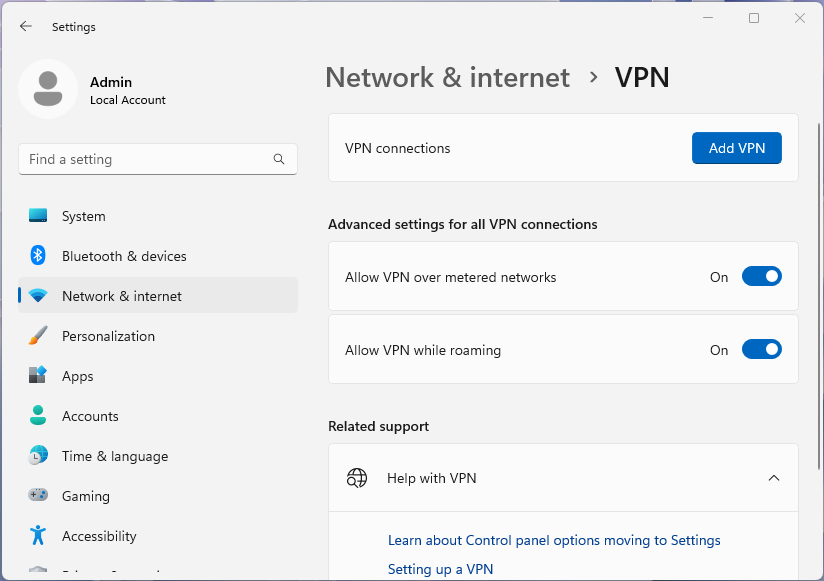 Capture d’écran de la page VPN dans la page Paramètres de Windows 11.