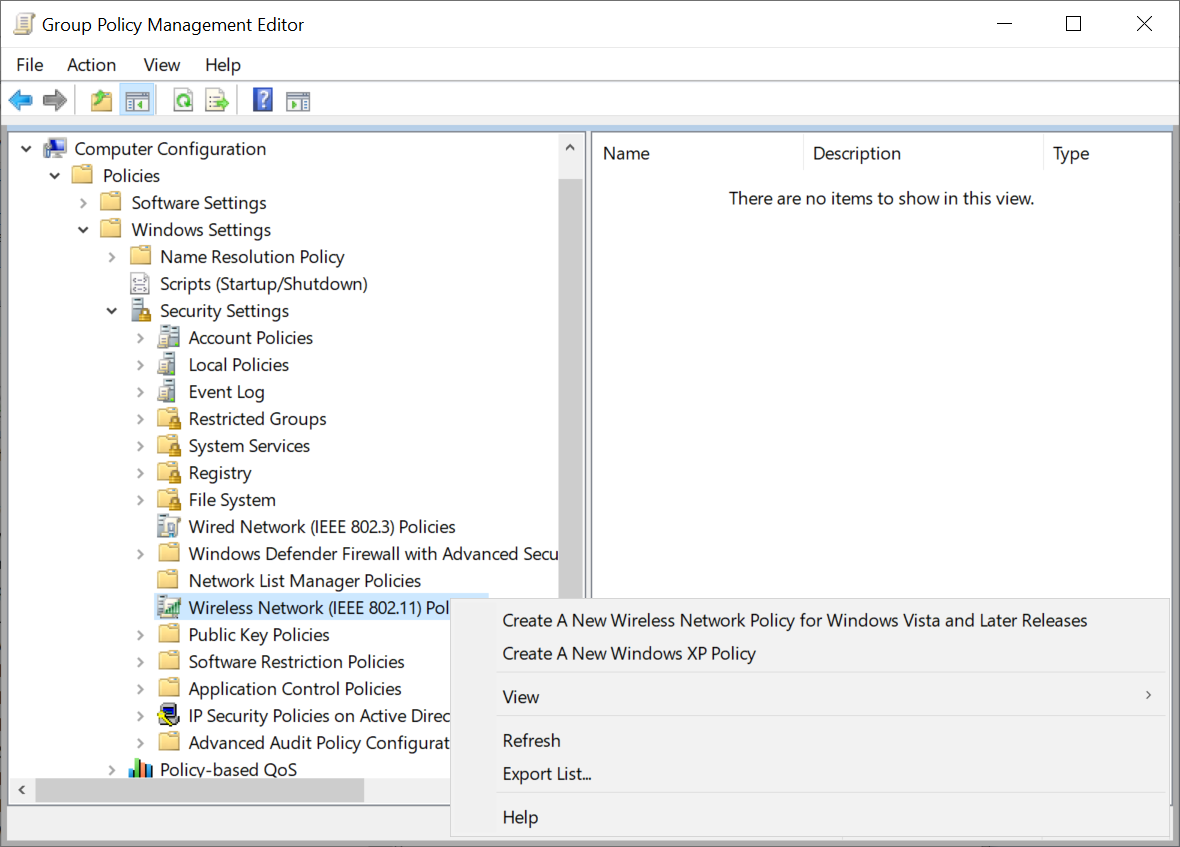 Capture d’écran montrant l’option Créer une stratégie de réseau sans fil pour Windows Vista et versions ultérieures dans l’Éditeur de gestion des stratégies de groupe.