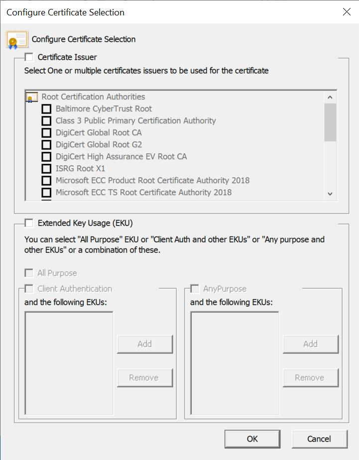 Capture d’écran montrant la boîte de dialogue Configurer la sélection des certificats.