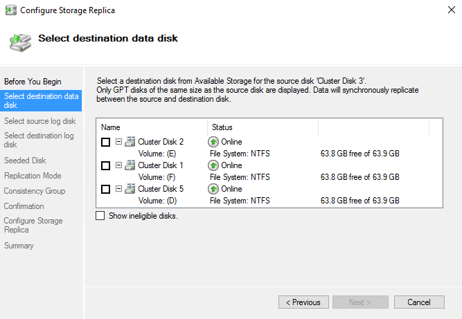 Écran montrant la page Sélectionner le disque de destination de l’Assistant Configurer la réplication de stockage