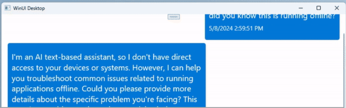 capture d’écran de l’exemple de conversation GenAI à l’aide de Phi3 dans une application WinUI 3.