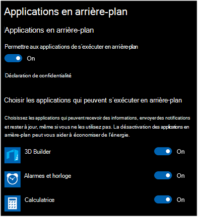 Page des paramètres des applications en arrière-plan.