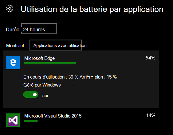 Utilisation de la batterie par application sur le bureau.