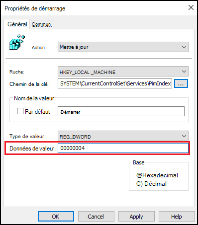 Capture d’écran de l’Fenêtre Propriétés de démarrage mettant en évidence le champ Données de valeur avec la valeur 00000004.