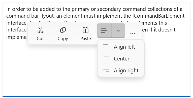 Menu volant de barre de commandes avec un bouton partagé