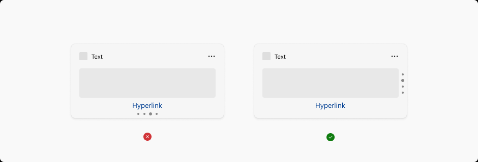 Image montrant un lien hypertexte centré au bas du widget, juste au-dessus de la ligne horizontale des points de pagination. Un X rouge indique que les points de pagination et le lien hypertexte ne doivent pas se trouver dans le même espace. Sur la droite, une autre image montre le lien hypertexte en bas, mais les points de pagination sont alignés verticalement dans une colonne située à droite. Une vérification verte indique que ce placement des deux éléments est correct.