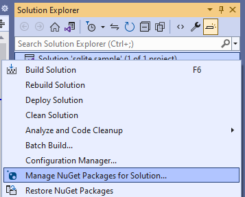 Capture d’écran de l’Explorateur de solutions de Visual Studio avec un clic droit effectué sur le projet et l’option Gérer les packages NuGet mise en évidence.