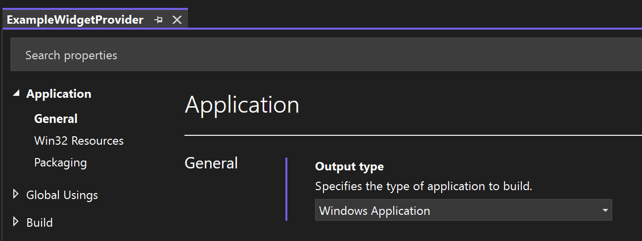 Capture d’écran montrant les propriétés du projet de fournisseur de widgets C# avec le type de sortie défini sur Application Windows