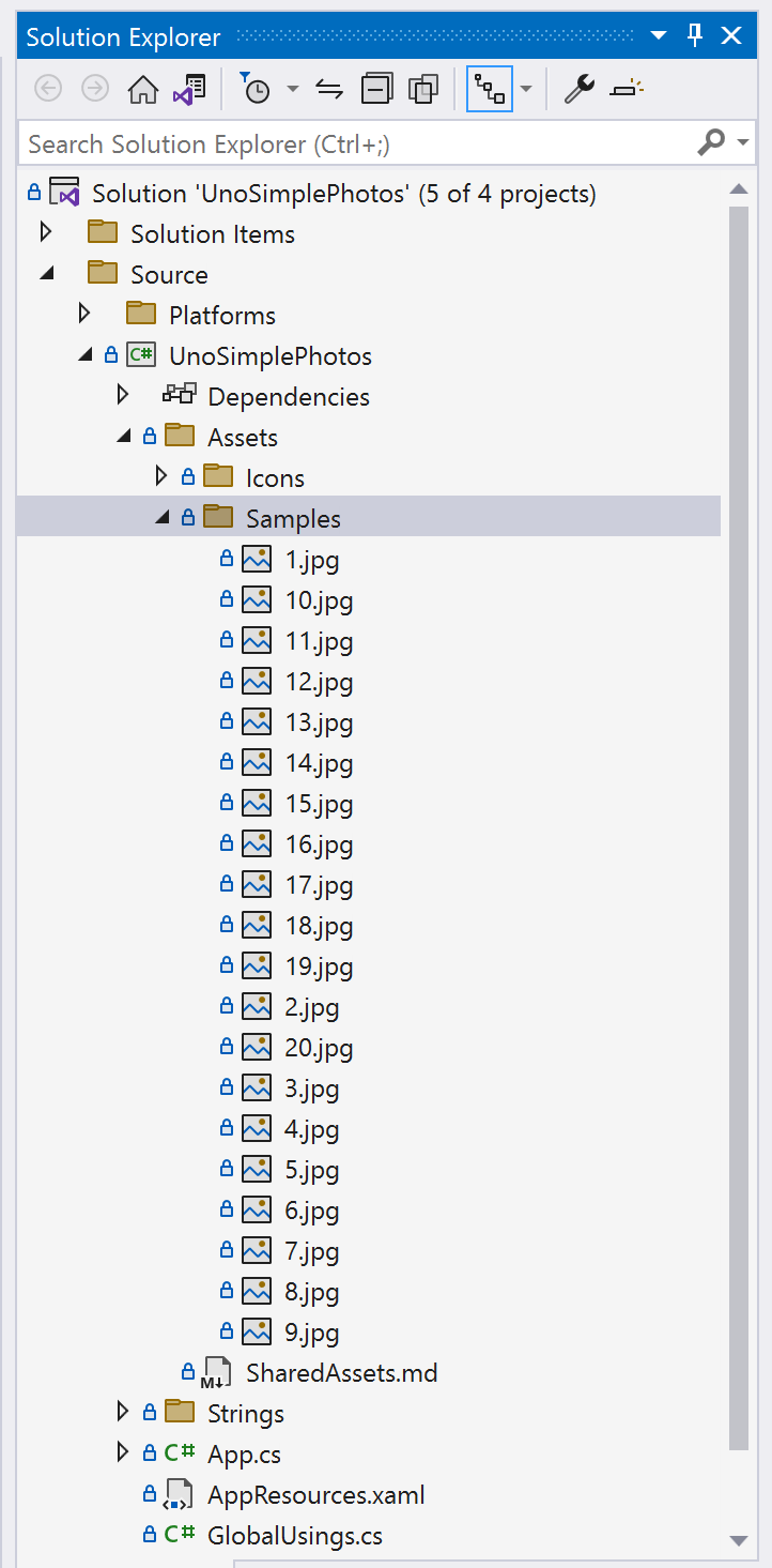 Capture d’écran du volet de l’Explorateur de solutions dans Visual Studio avec les nouveaux fichiers et dossiers ajoutés.