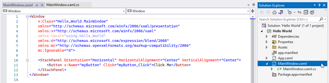 Le balisage XML du bouton « Cliquez sur moi », situé dans le fichier de balisage de votre fenêtre principale