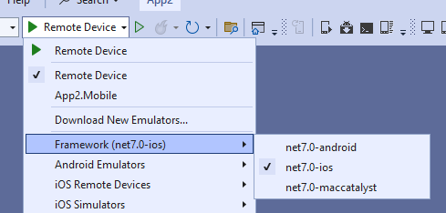 Capture d’écran de la liste déroulante Visual Studio permettant de sélectionner un framework cible pour le déploiement.