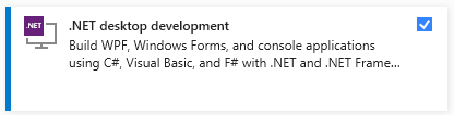 Capture d’écran de la charge de travail bureau dotnet dans Visual Studio.