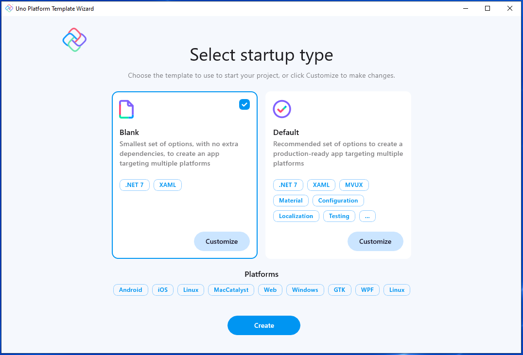 Capture d’écran du modèle de solution Uno pour le type de démarrage de projet.