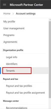 Capture d’écran montrant l’option Locataires dans le menu Paramètres du compte dans l’Espace partenaires.