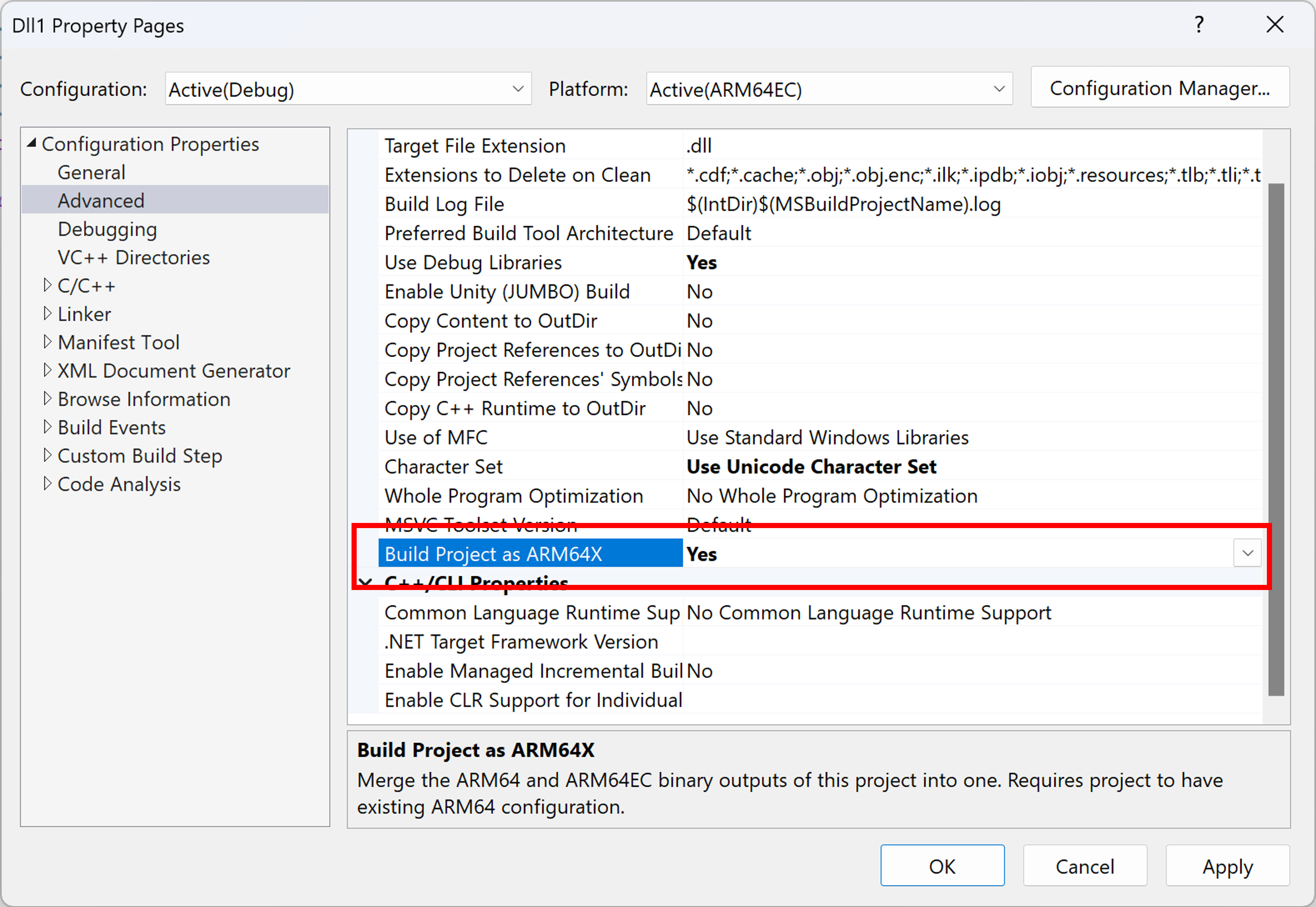 Page de propriétés d’une configuration Arm64EC montrant l’option Build Project as ARM64X