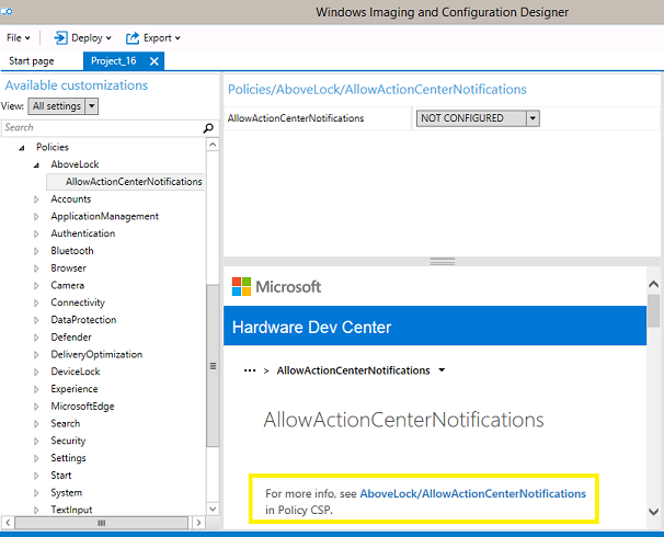 Dans le Concepteur de configuration Windows, comment le contenu d’aide s’affiche dans ICD.