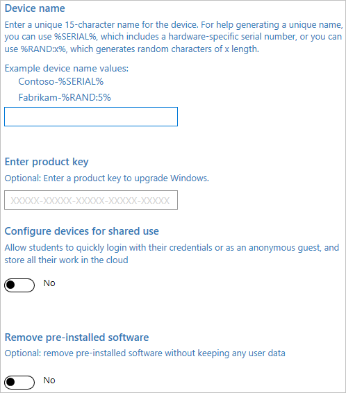 Dans le Concepteur de configuration Windows, activez la configuration de l’appareil, entrez le nom de l’appareil, la clé de produit à mettre à niveau, désactivez l’utilisation partagée et supprimez les logiciels préinstallés.