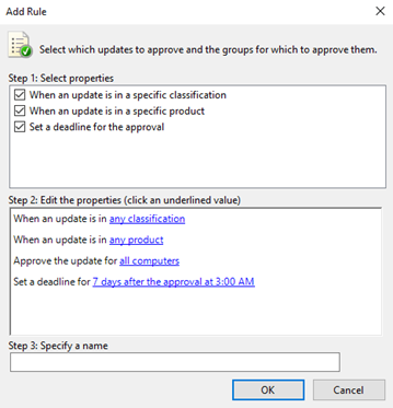 Sélectionnez les zones de case activée de mise à jour et d’échéance dans la console d’administration WSUS.