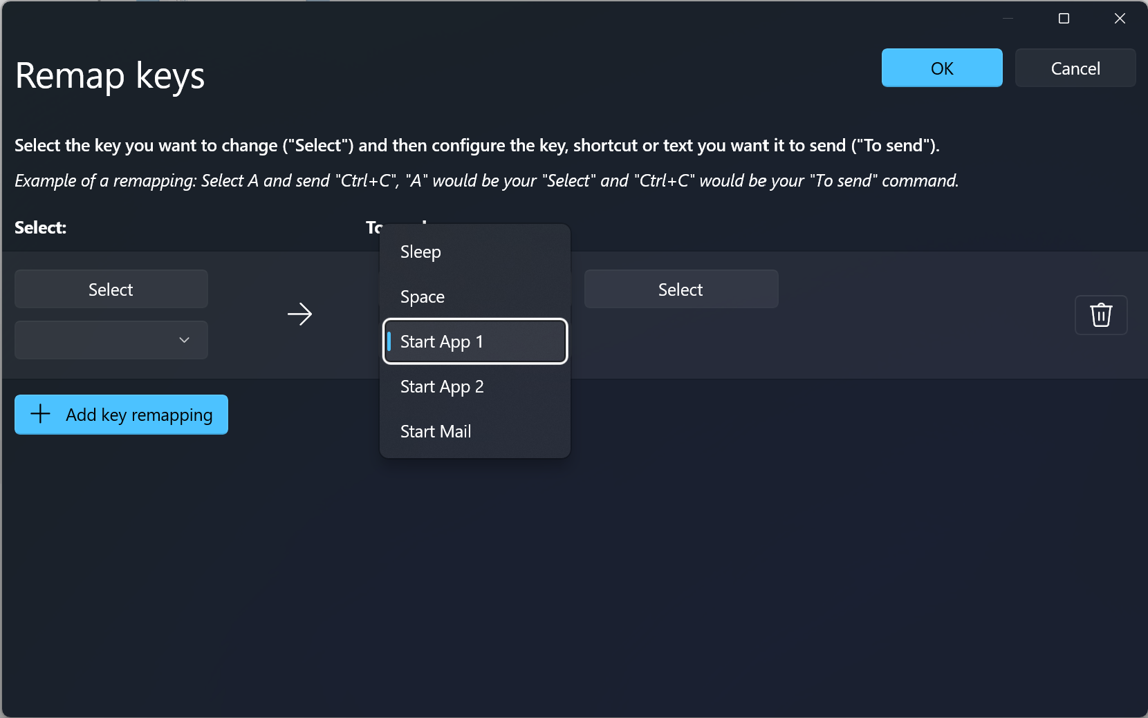 PowerToysKeyboard Manager Liste des touches