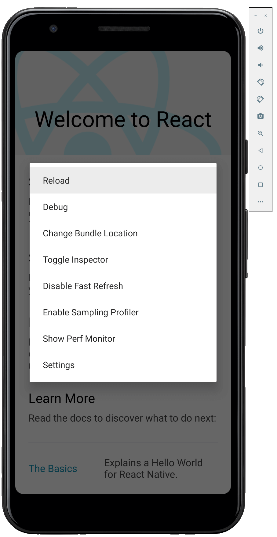 Capture d’écran du menu de débogage React Native