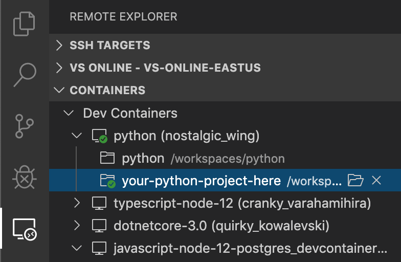 Capture d’écran du menu Conteneur VSCode