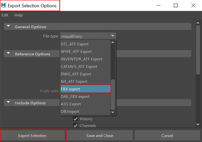 Exemple : Emplacement du menu Options d’exportation