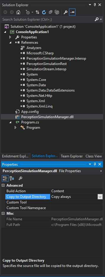 Marquer PerceptionSimulationManager.dll à copier dans le répertoire de sortie