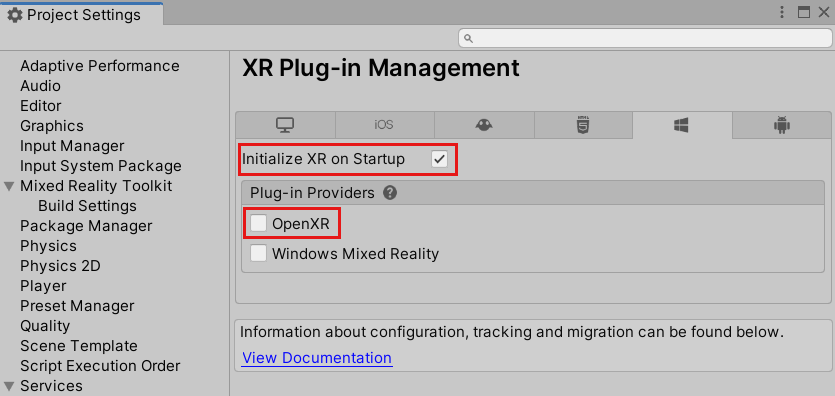 Capture d’écran de la fenêtre Paramètres du projet, à l’intérieur du plateforme Windows universelle, avec initialiser XR au démarrage sélectionné et le plug-in OpenXR mis en surbrillance.