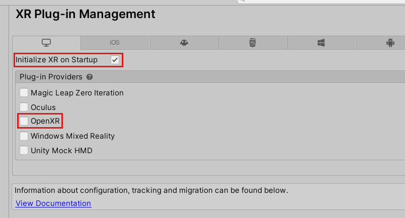 Capture d’écran de la fenêtre Paramètres du projet, à l’intérieur de l’onglet PC, Mac &Linux autonome, avec initialiser XR au démarrage sélectionné et le plug-in OpenXR mis en surbrillance.